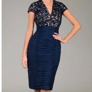 Tadashi‎ Shoji Navy Blue Lace Sequin Ruched Bodycon Dress Size 6 Cocktail Formal